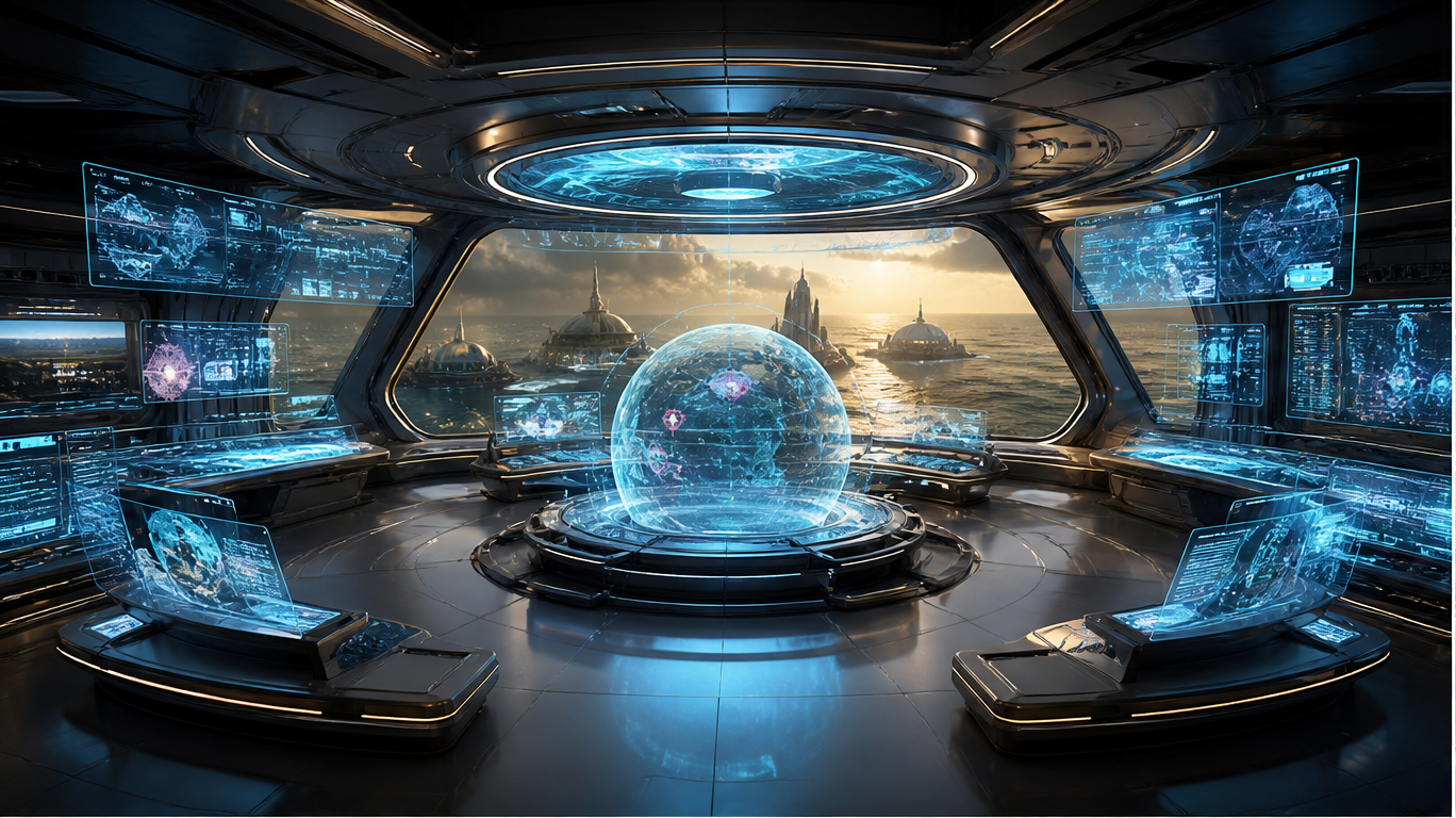 The softly glowing command deck of the Bureau ship, a holographic globe at its centre