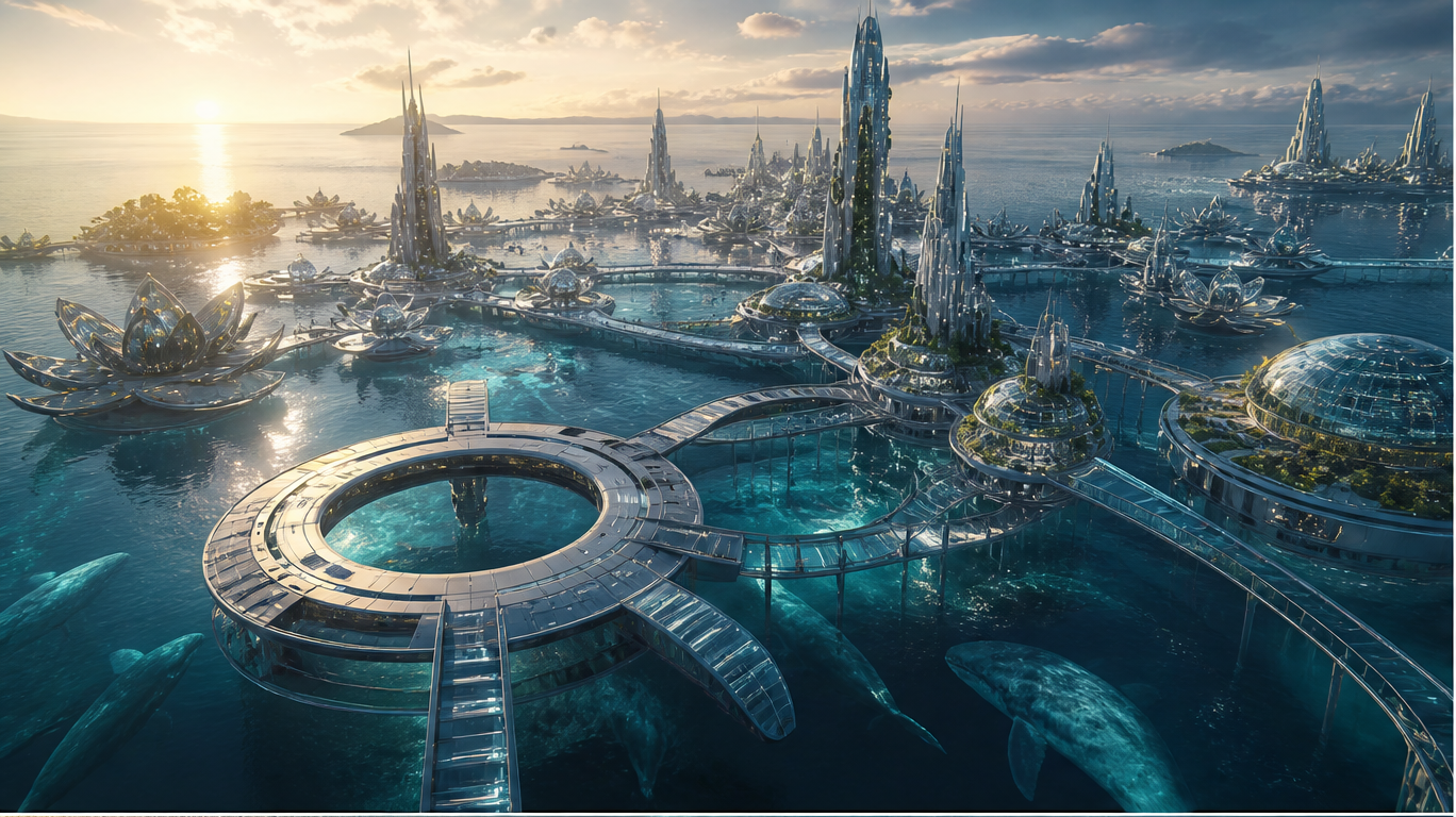 Pelagos Nine, a luminous floating ocean colony at golden hour, with whales gliding beneath glass platforms