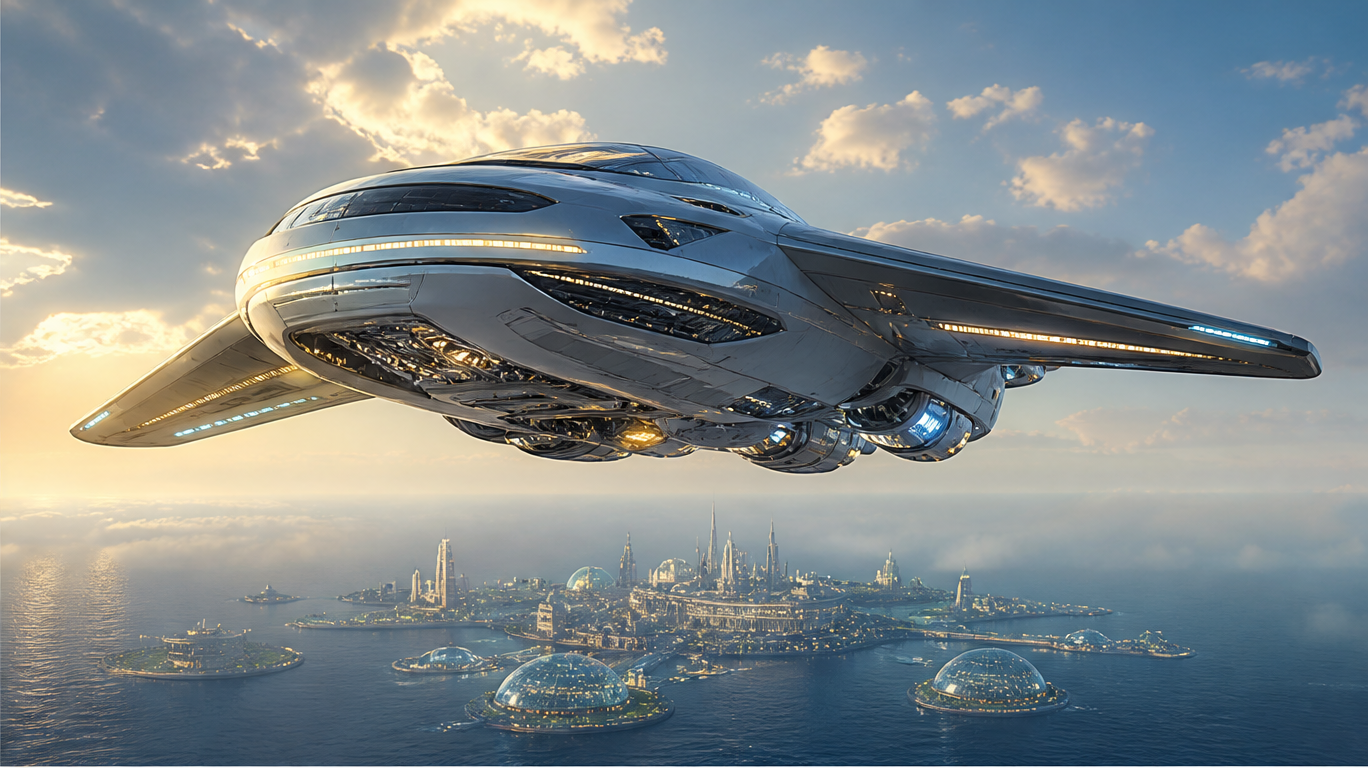 The Tomorrow Bureau research vessel descending over a glowing ocean colony at sunset