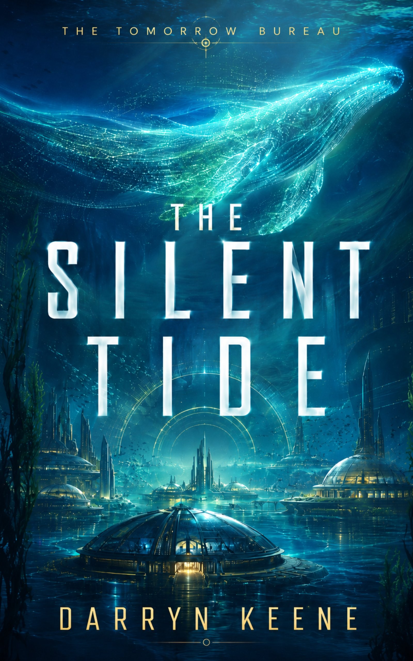 The Silent Tide — Book One cover: a bioluminescent whale gliding above a glowing ocean colony